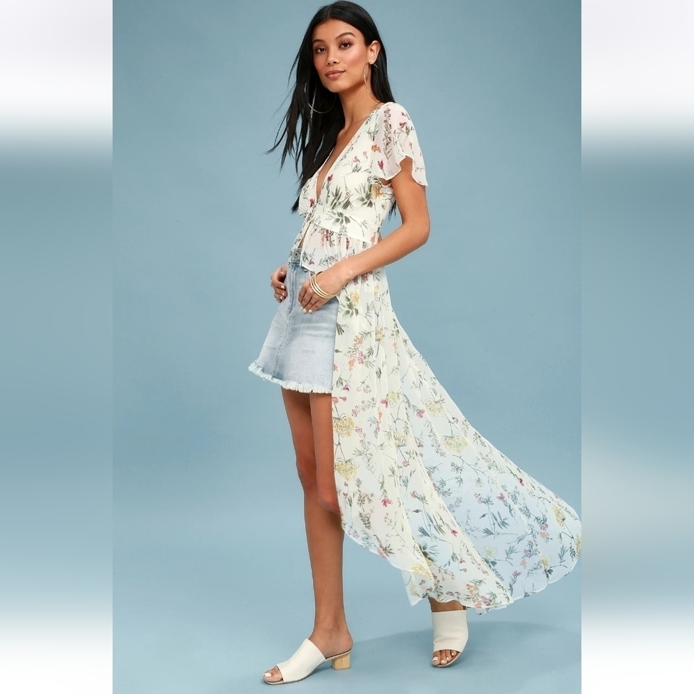 Meghan Los Angeles Yellow Floral High Low Duster Button Front Maxi Top. Med - Picture 15 of 16